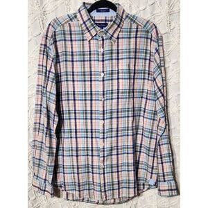 Alan Flusser Button Up‎ Mens L Linen Cotton Plaid Shirt Preppy Classic Business